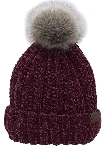 C.C Thick Cable Knit Faux Fuzzy Fur Pom Fleece Lined Skull Cap Cuff Beanie 
