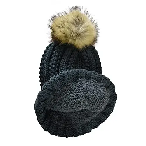 C.C Thick Cable Knit Faux Fuzzy Fur Pom Fleece Lined Skull Cap Cuff Beanie - C.C (1)