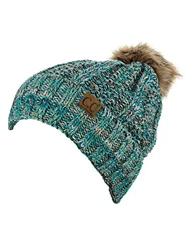 C.C Thick Cable Knit Faux Fuzzy Fur Pom Fleece Lined Skull Cap Cuff Beanie - 2