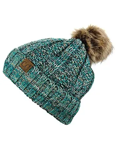 C.C Thick Cable Knit Faux Fuzzy Fur Pom Fleece Lined Skull Cap Cuff Beanie - 3