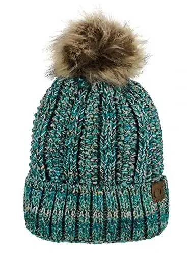 C.C Thick Cable Knit Faux Fuzzy Fur Pom Fleece Lined Skull Cap Cuff Beanie - 1