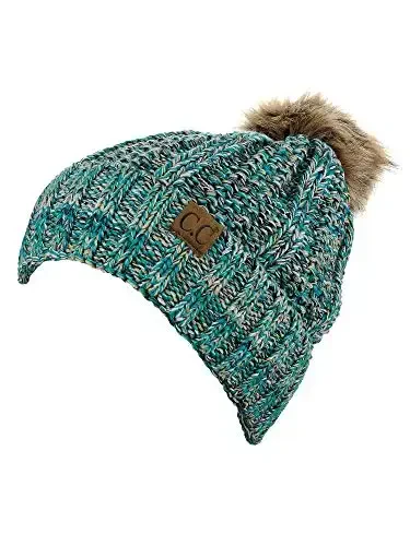 C.C Thick Cable Knit Faux Fuzzy Fur Pom Fleece Lined Skull Cap Cuff Beanie - C.C (1)