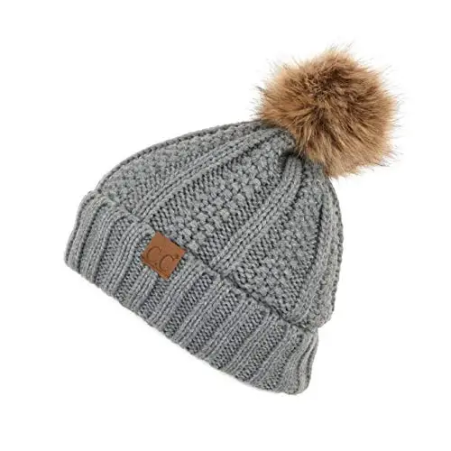 C.C Thick Cable Knit Faux Fuzzy Fur Pom Fleece Lined Skull Cap Cuff Beanie - 1