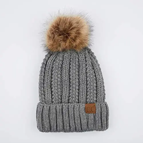 C.C Thick Cable Knit Faux Fuzzy Fur Pom Fleece Lined Skull Cap Cuff Beanie - 2