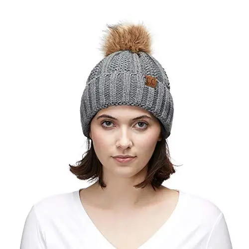 C.C Thick Cable Knit Faux Fuzzy Fur Pom Fleece Lined Skull Cap Cuff Beanie - 5