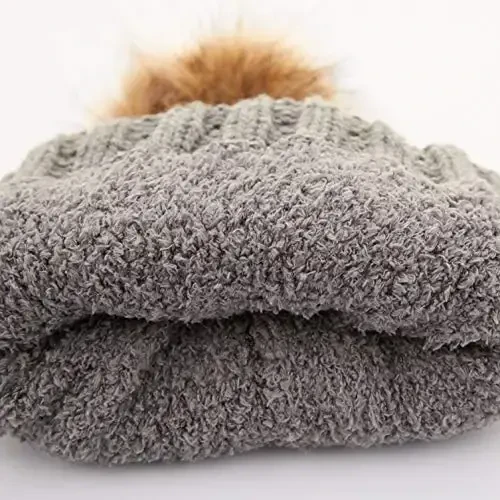 C.C Thick Cable Knit Faux Fuzzy Fur Pom Fleece Lined Skull Cap Cuff Beanie - 3