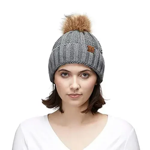 C.C Thick Cable Knit Faux Fuzzy Fur Pom Fleece Lined Skull Cap Cuff Beanie - 5