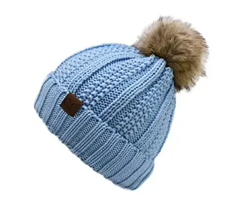 C.C Thick Cable Knit Faux Fuzzy Fur Pom Fleece Lined Skull Cap Cuff Beanie - 2