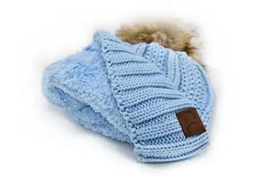 C.C Thick Cable Knit Faux Fuzzy Fur Pom Fleece Lined Skull Cap Cuff Beanie - 4