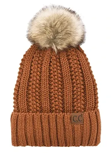 C.C Thick Cable Knit Faux Fuzzy Fur Pom Fleece Lined Skull Cap Cuff Beanie - C.C