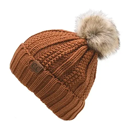 C.C Thick Cable Knit Faux Fuzzy Fur Pom Fleece Lined Skull Cap Cuff Beanie - 2
