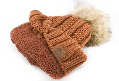 C.C Thick Cable Knit Faux Fuzzy Fur Pom Fleece Lined Skull Cap Cuff Beanie - 4