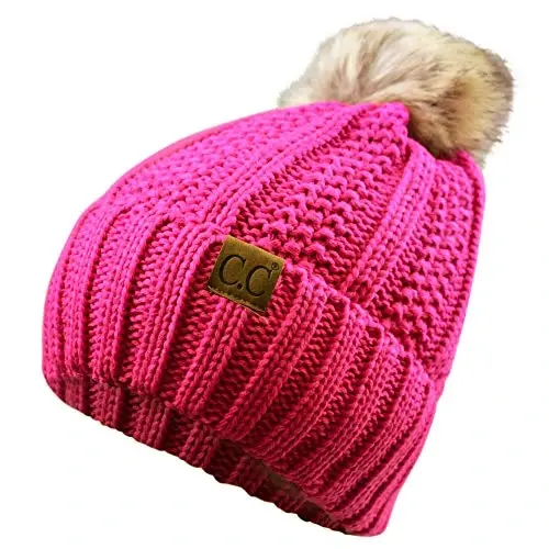 C.C Thick Cable Knit Faux Fuzzy Fur Pom Fleece Lined Skull Cap Cuff Beanie - 2