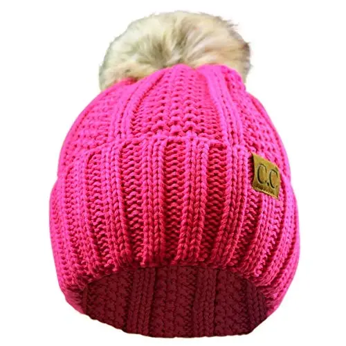 C.C Thick Cable Knit Faux Fuzzy Fur Pom Fleece Lined Skull Cap Cuff Beanie - 3