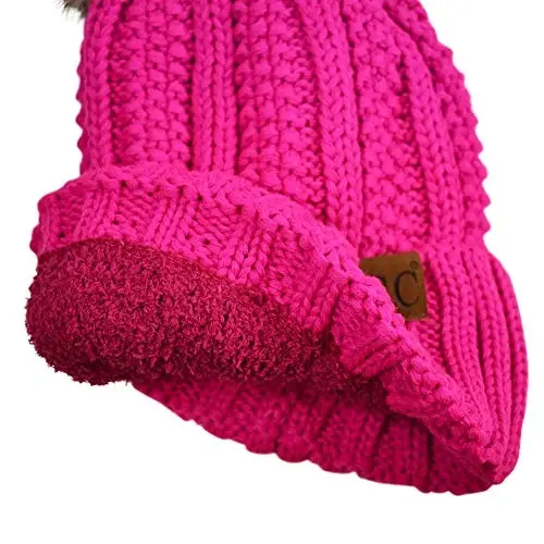 C.C Thick Cable Knit Faux Fuzzy Fur Pom Fleece Lined Skull Cap Cuff Beanie - 4
