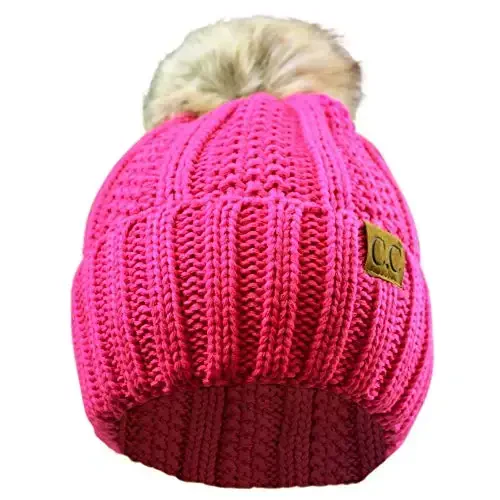 C.C Thick Cable Knit Faux Fuzzy Fur Pom Fleece Lined Skull Cap Cuff Beanie - 3