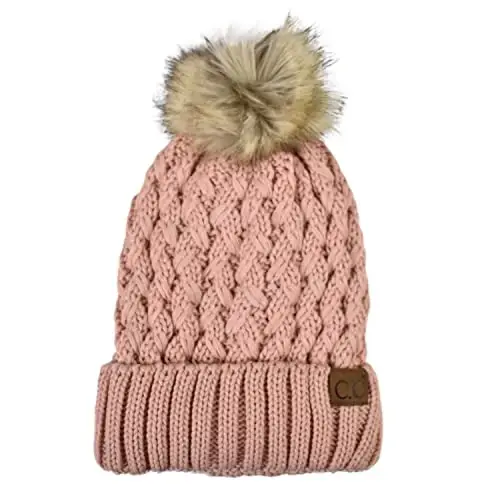 C.C Thick Cable Knit Faux Fuzzy Fur Pom Fleece Lined Skull Cap Cuff Beanie 