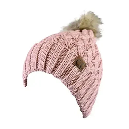 C.C Thick Cable Knit Faux Fuzzy Fur Pom Fleece Lined Skull Cap Cuff Beanie - 2