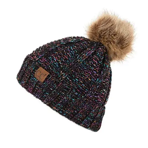 C.C Thick Cable Knit Faux Fuzzy Fur Pom Fleece Lined Skull Cap Cuff Beanie 