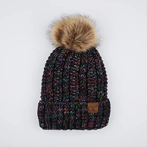 C.C Thick Cable Knit Faux Fuzzy Fur Pom Fleece Lined Skull Cap Cuff Beanie - C.C (1)
