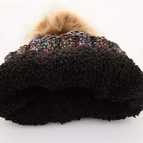 C.C Thick Cable Knit Faux Fuzzy Fur Pom Fleece Lined Skull Cap Cuff Beanie - 3