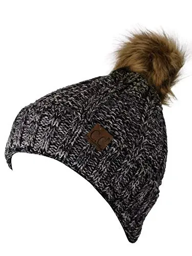C.C Thick Cable Knit Faux Fuzzy Fur Pom Fleece Lined Skull Cap Cuff Beanie - C.C (1)