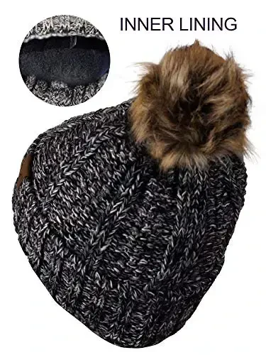 C.C Thick Cable Knit Faux Fuzzy Fur Pom Fleece Lined Skull Cap Cuff Beanie - 4