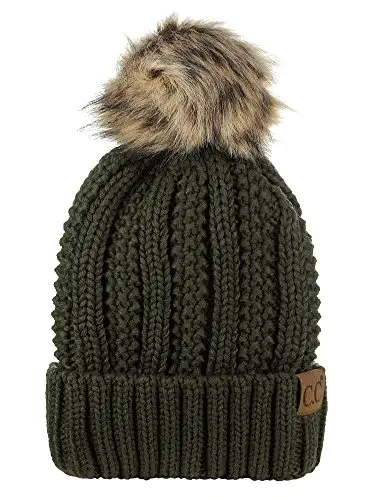 C.C Thick Cable Knit Faux Fuzzy Fur Pom Fleece Lined Skull Cap Cuff Beanie - C.C
