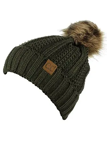 C.C Thick Cable Knit Faux Fuzzy Fur Pom Fleece Lined Skull Cap Cuff Beanie - 3