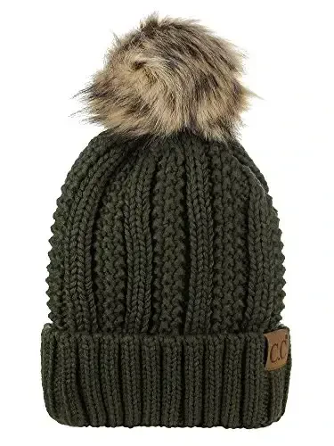 C.C Thick Cable Knit Faux Fuzzy Fur Pom Fleece Lined Skull Cap Cuff Beanie 