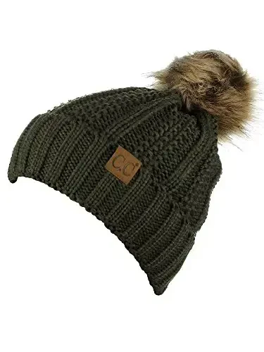 C.C Thick Cable Knit Faux Fuzzy Fur Pom Fleece Lined Skull Cap Cuff Beanie - 3