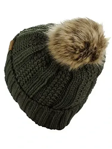 C.C Thick Cable Knit Faux Fuzzy Fur Pom Fleece Lined Skull Cap Cuff Beanie - 4