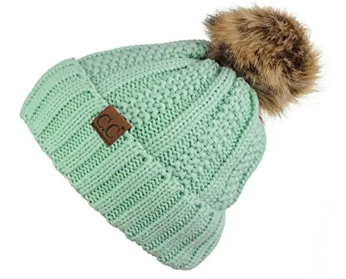C.C Thick Cable Knit Faux Fuzzy Fur Pom Fleece Lined Skull Cap Cuff Beanie - C.C (1)