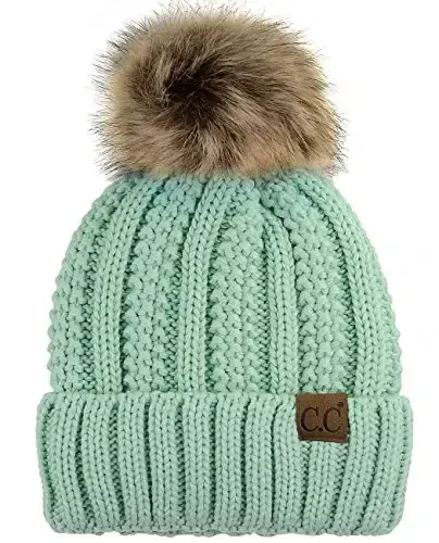 C.C Thick Cable Knit Faux Fuzzy Fur Pom Fleece Lined Skull Cap Cuff Beanie - C.C