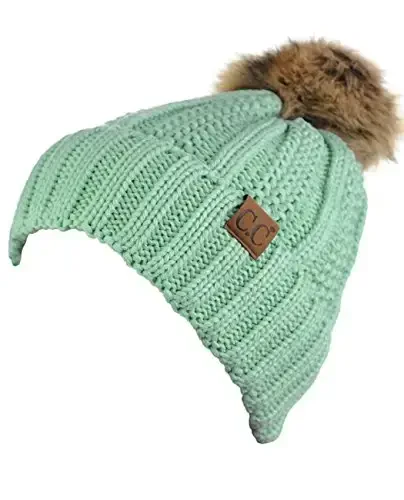 C.C Thick Cable Knit Faux Fuzzy Fur Pom Fleece Lined Skull Cap Cuff Beanie - 3