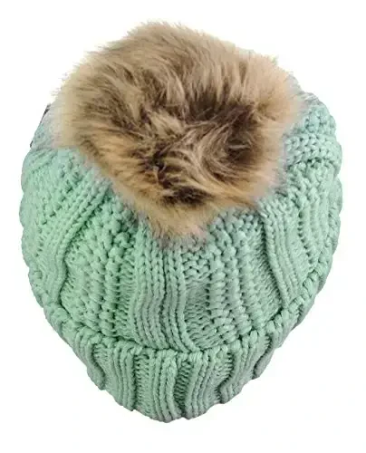 C.C Thick Cable Knit Faux Fuzzy Fur Pom Fleece Lined Skull Cap Cuff Beanie - 4