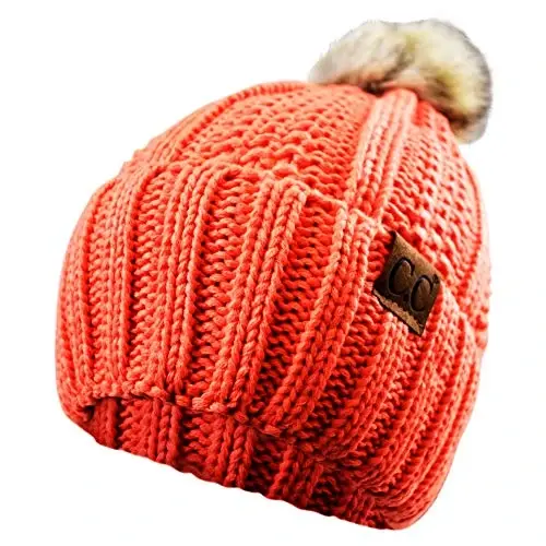C.C Thick Cable Knit Faux Fuzzy Fur Pom Fleece Lined Skull Cap Cuff Beanie - 2