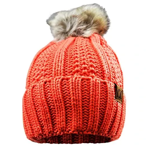 C.C Thick Cable Knit Faux Fuzzy Fur Pom Fleece Lined Skull Cap Cuff Beanie - 3