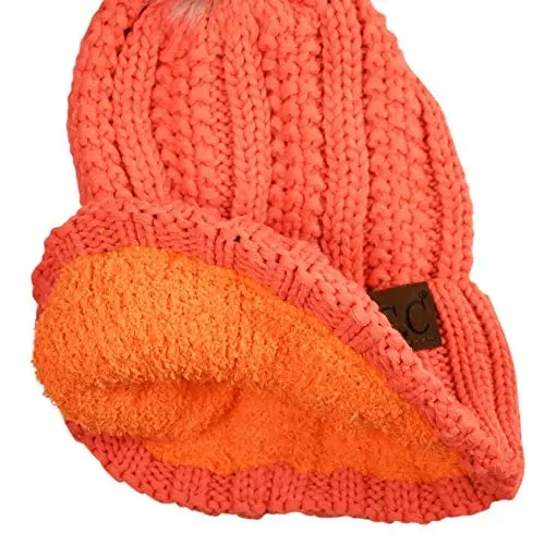 C.C Thick Cable Knit Faux Fuzzy Fur Pom Fleece Lined Skull Cap Cuff Beanie - 4