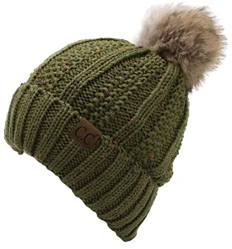 C.C Thick Cable Knit Faux Fuzzy Fur Pom Fleece Lined Skull Cap Cuff Beanie - 2
