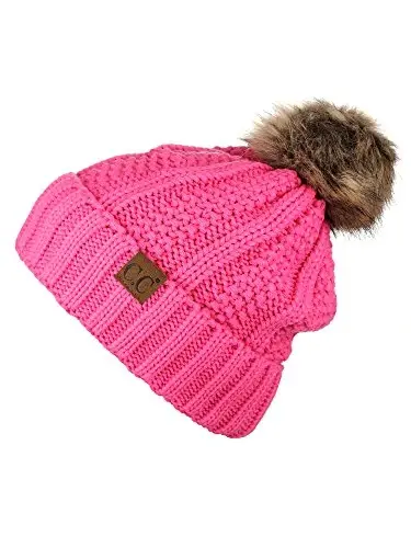 C.C Thick Cable Knit Faux Fuzzy Fur Pom Fleece Lined Skull Cap Cuff Beanie - 2