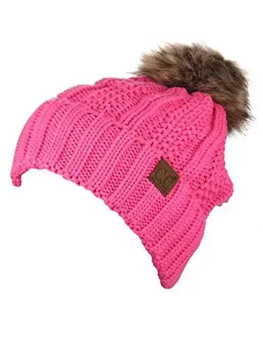 C.C Thick Cable Knit Faux Fuzzy Fur Pom Fleece Lined Skull Cap Cuff Beanie - 3