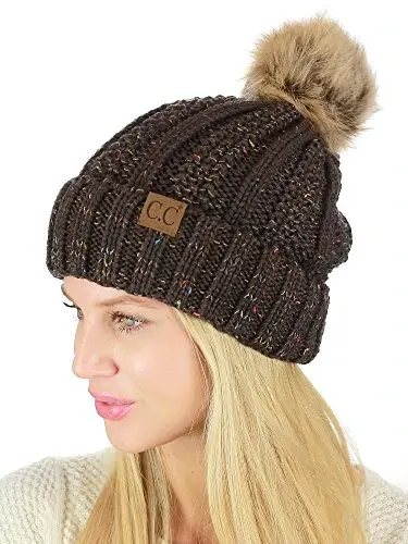 C.C Thick Cable Knit Faux Fuzzy Fur Pom Fleece Lined Skull Cap Cuff Beanie - 2