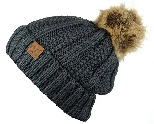 C.C Thick Cable Knit Faux Fuzzy Fur Pom Fleece Lined Skull Cap Cuff Beanie - 2