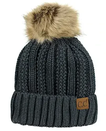 C.C Thick Cable Knit Faux Fuzzy Fur Pom Fleece Lined Skull Cap Cuff Beanie - C.C