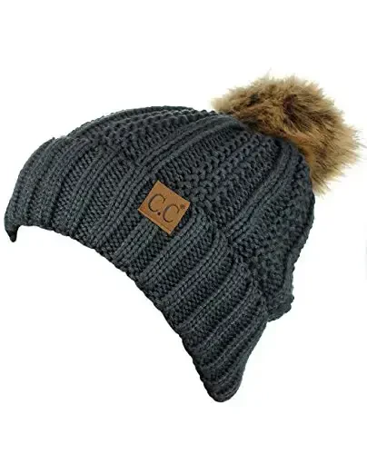 C.C Thick Cable Knit Faux Fuzzy Fur Pom Fleece Lined Skull Cap Cuff Beanie - 3