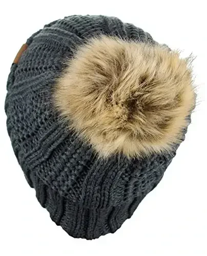 C.C Thick Cable Knit Faux Fuzzy Fur Pom Fleece Lined Skull Cap Cuff Beanie - 4