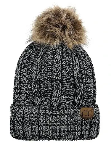 C.C Thick Cable Knit Faux Fuzzy Fur Pom Fleece Lined Skull Cap Cuff Beanie 