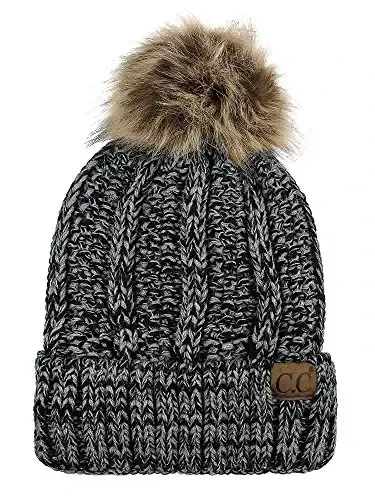 C.C Thick Cable Knit Faux Fuzzy Fur Pom Fleece Lined Skull Cap Cuff Beanie - 1