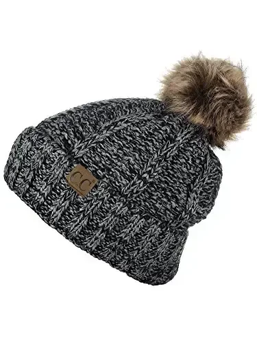 C.C Thick Cable Knit Faux Fuzzy Fur Pom Fleece Lined Skull Cap Cuff Beanie - 2